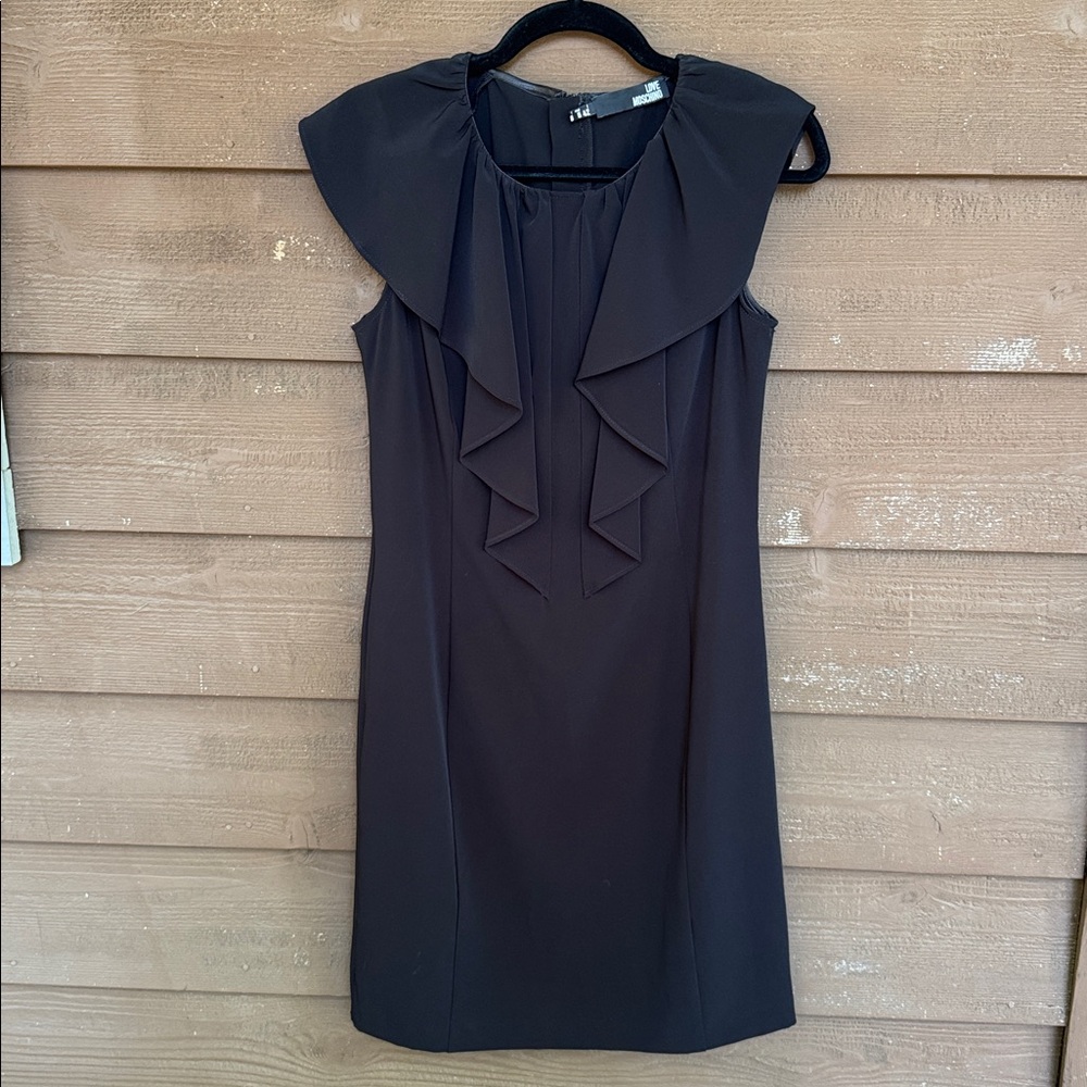 Love Moschino Black Ruffled Neck Sheath Dress Size 6